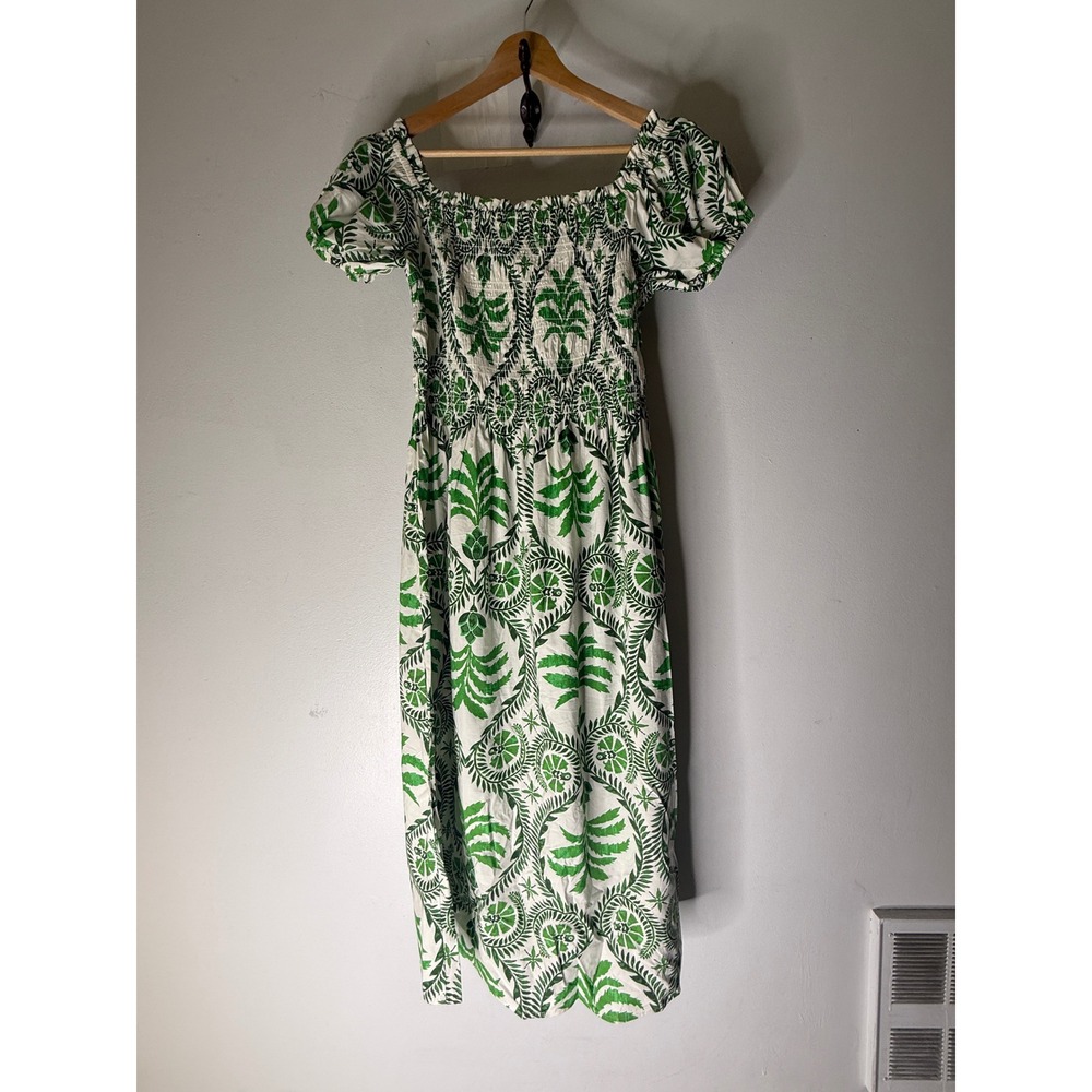 NWT H&M off the shoulder poplin green pattern smocked bodice large midi